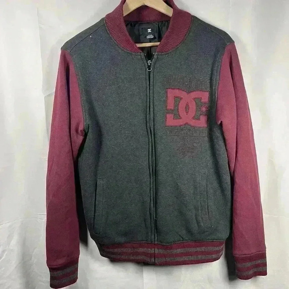 DC Shoes Varsity Bomber Jacket Mens  Small Gray Maroon Full Zip Casual - Picture 1 of 7